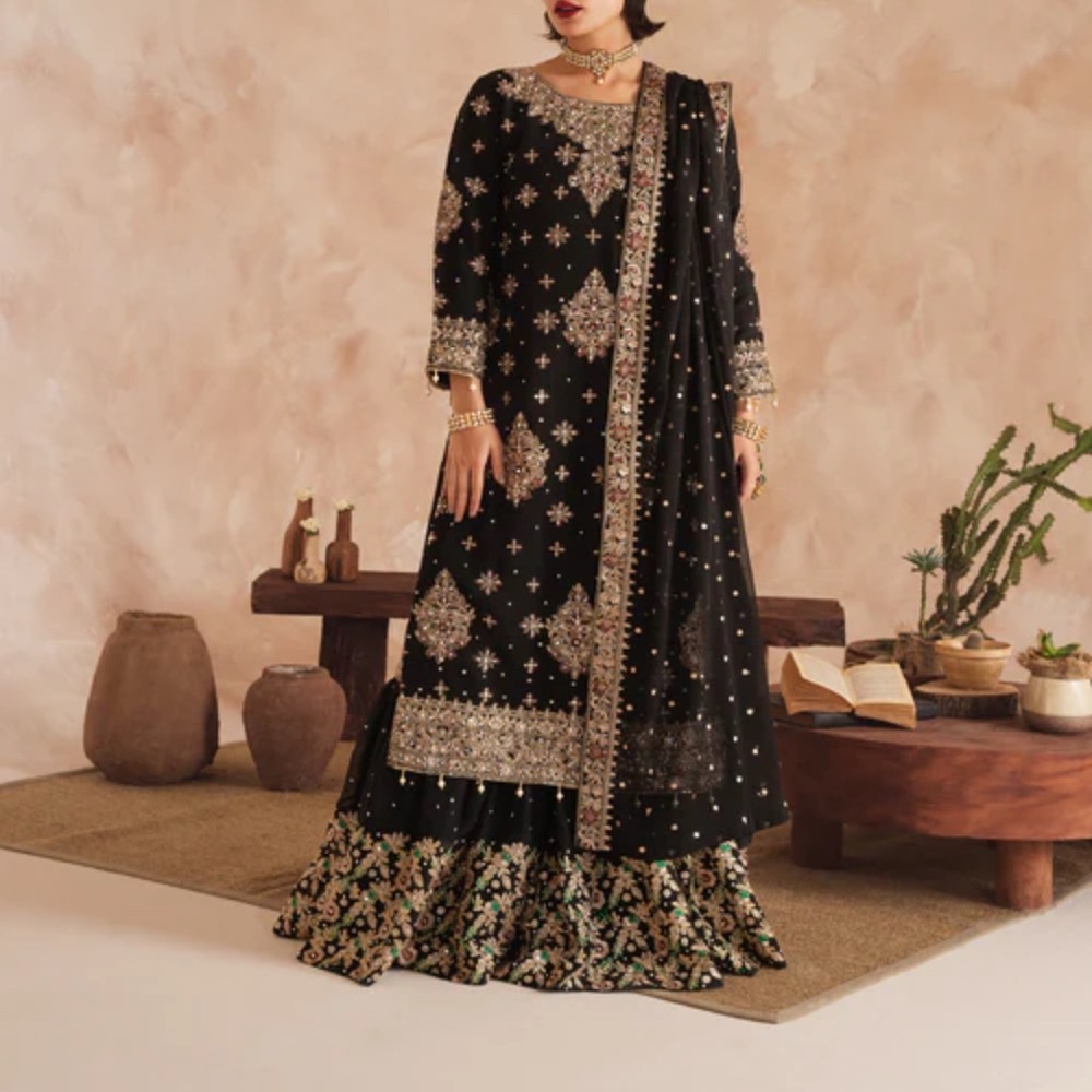 Pakistani, indian, desi sharara/gharara - Black Embroidered Women's Dress